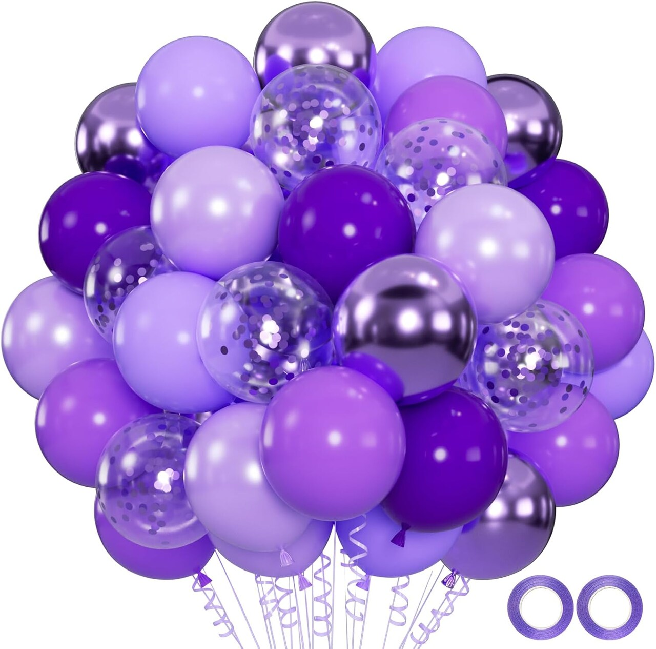 100pcs Purple Balloons Kit – 12-Inch Metallic Chrome, Lavender Lilac & Confetti Balloons with 66ft Ribbons for Wedding, Baby Shower, Bridal Shower, and Princess Birthday Parties (Purple)